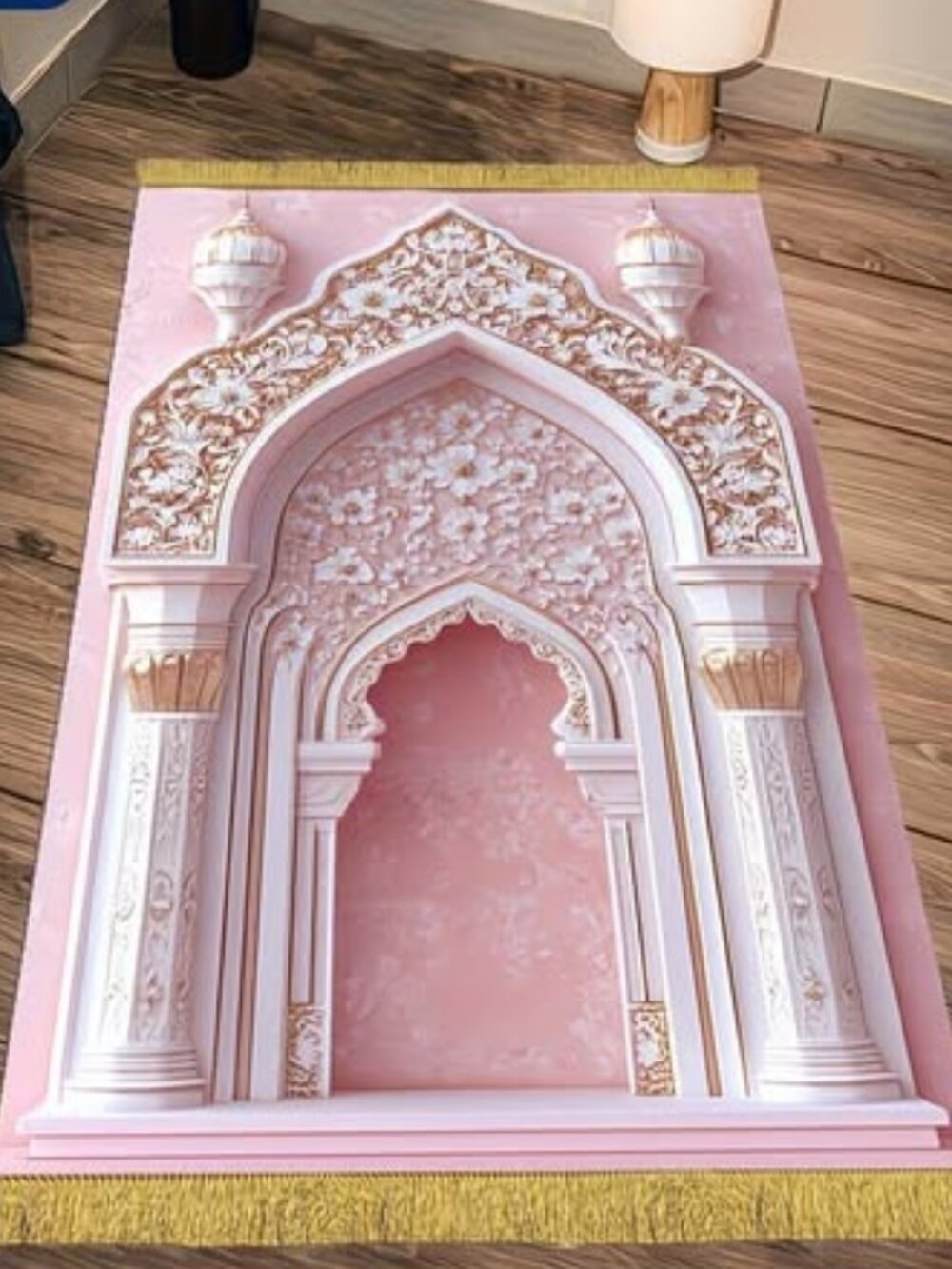 Pink Muslim Prayer Mat with with Gold Fringe 42 x 26 inch Portable Prayer Rug